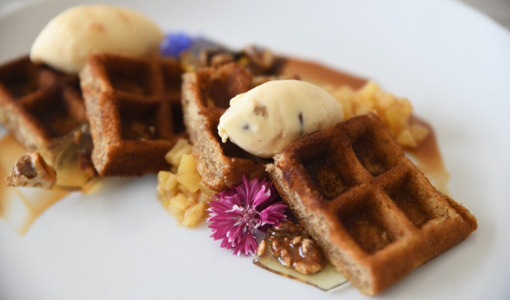 Banana Bread Waffle from the Winter 2018-2019 menu at the Kauffman Center Dining Experience. Photo by Anna Petrow.