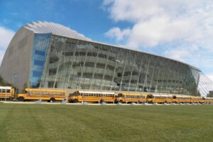 Buses line up for another student matinee at the Kauffman Center. Photo by Sandy Woodson.