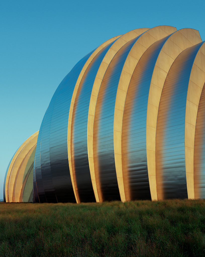 Northwest exterior photo of the Kauffman Center for the Performing Arts in Kansas City, MO. Photo by Tim Hursley.