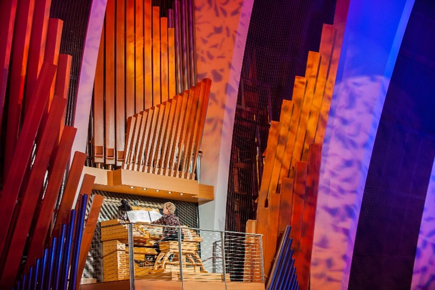 A person plays a large organ with illuminated wooden pipes surrounded by a colorful, patterned backdrop.